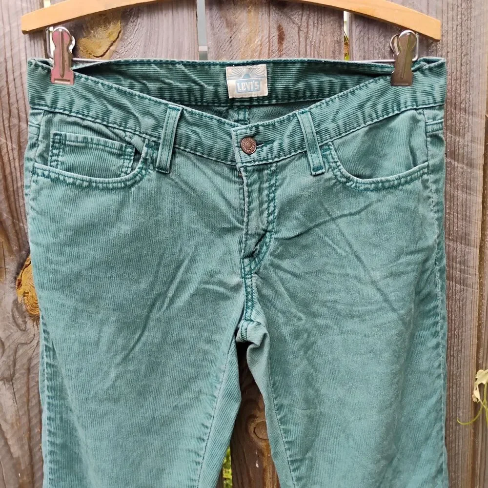 Vintage 07 Levis Teal Green Low Rise Corduroy Pants Sz 8M W29 Distressed Grunge